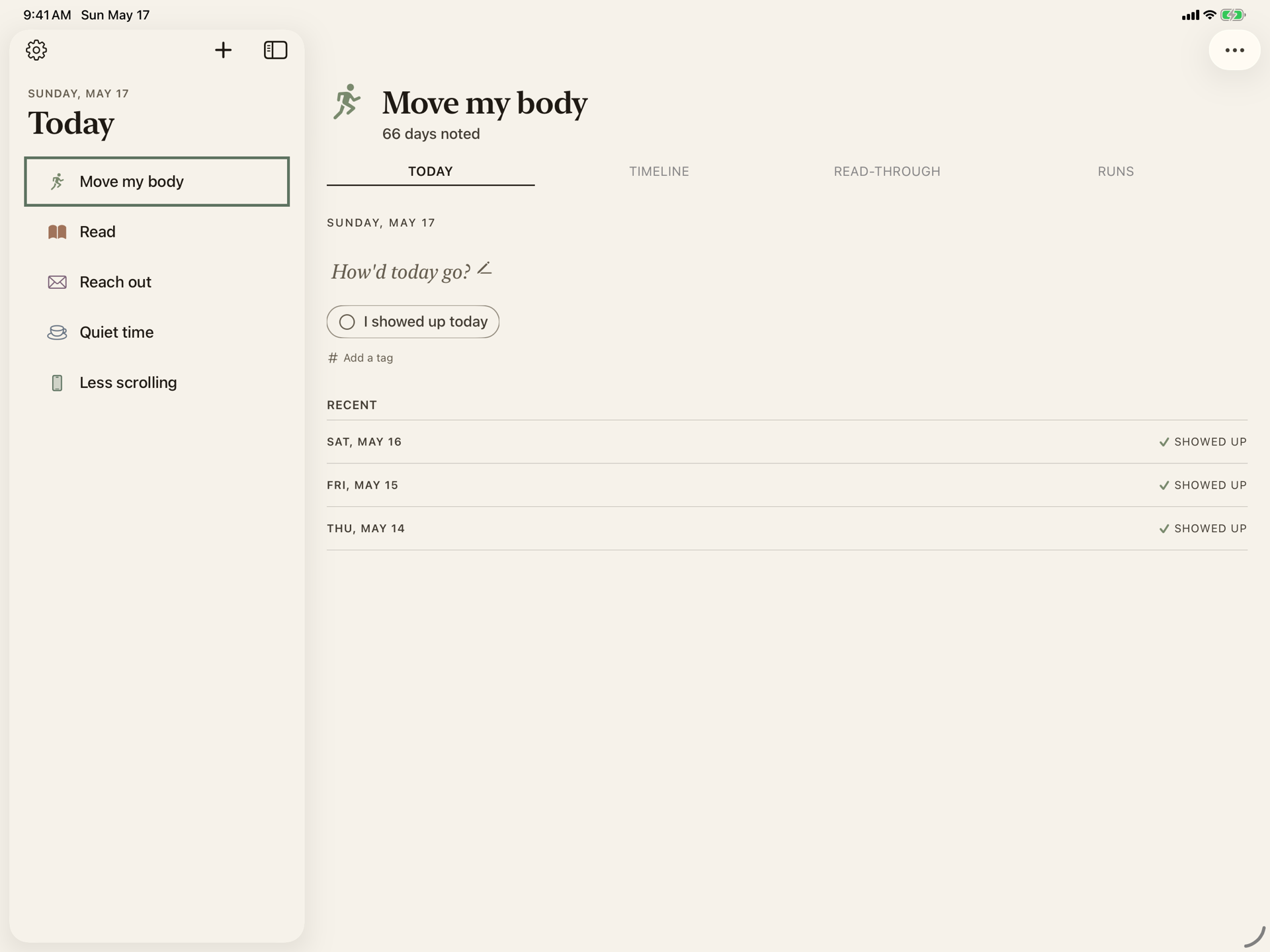 UUTA on iPad in landscape: a list of goals on the left, a goal detail open on the right with today's note and recent entries