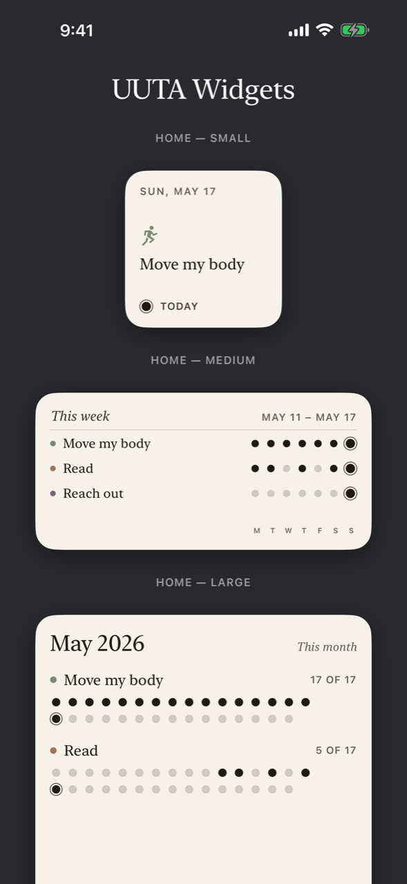 UUTA widgets on a Home Screen: small, medium, large, and Lock Screen sizes, each set in serif type with a quiet row of dots